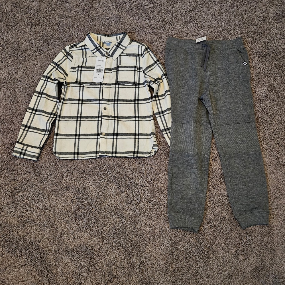 Splendid 2-Piece Flannel Jogger Set Kids Size 6 Charcoal Cream NEW Plaid Shirt